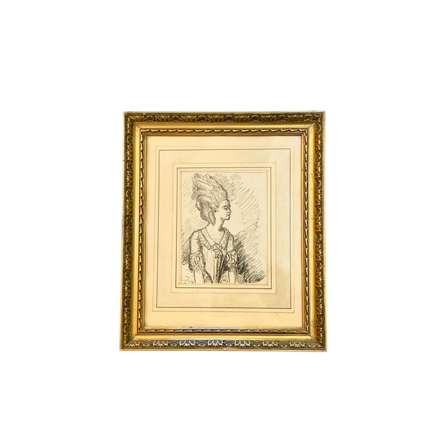 Lovely antique pen and ink drawing of Queen Marie Antoinette. Original gilt wood frame and hand colored and hand drawn...