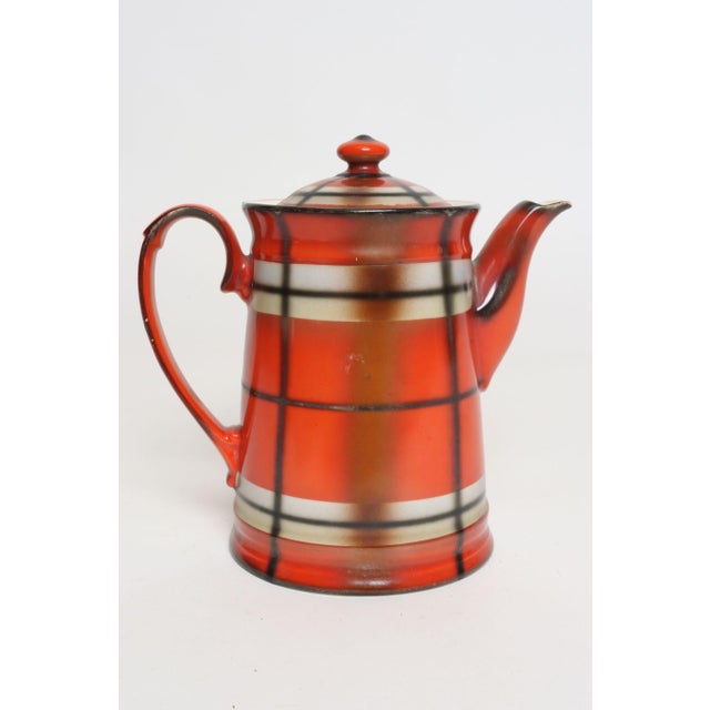 Vintage Czech Bohemian Orange Tartan Plaid Art Pottery Pitcher Teapot by Erphila For Sale