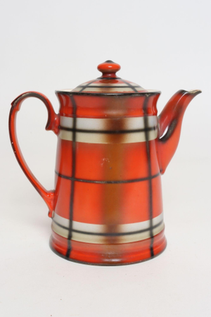 Vintage Czech Bohemian Orange Tartan Plaid Art Pottery Pitcher Teapot by Erphila