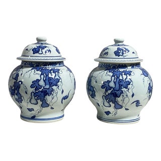Chinoiserie Blue and White Porcelain Ginger Jars 13" H Pair For Sale