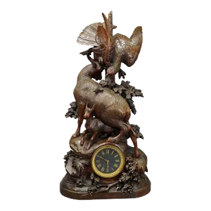 Antique Mantel Clock With Eagle and Chamois Family, Ca. 1900