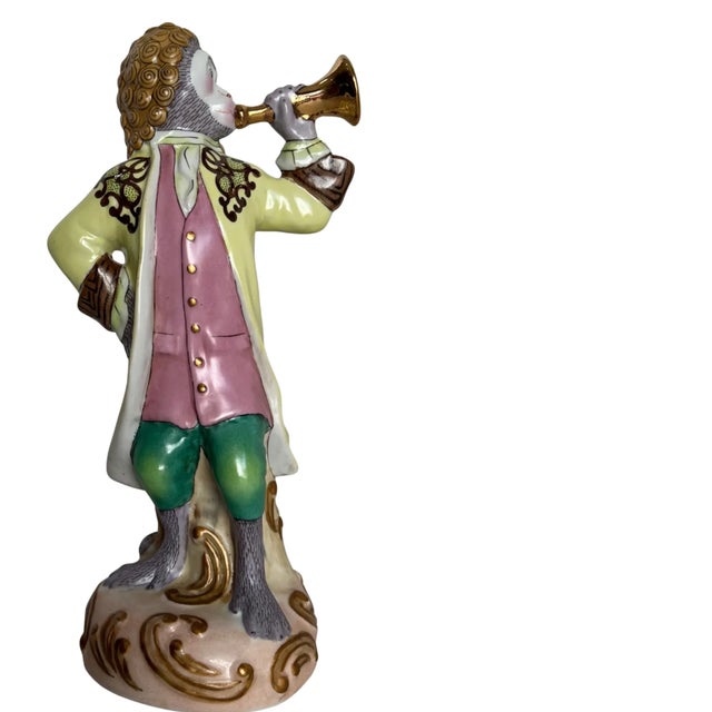 Yellow 13 + In. Meissen Style "Affenkapelle" Monkey Trumpeter Figurine For Sale - Image 8 of 15