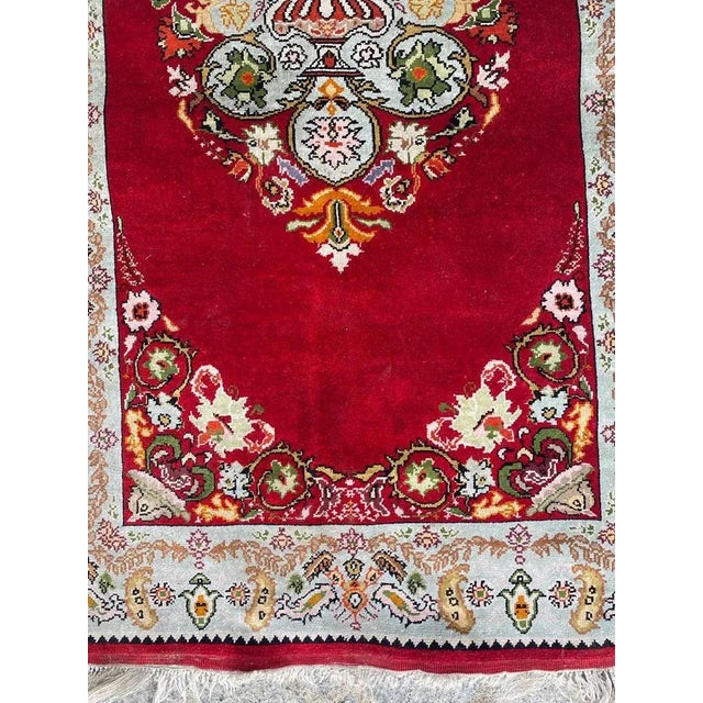 Nice mid century silk Turkish rug with beautiful geometrical design and nice colors, entirely and finely hand knotted with...