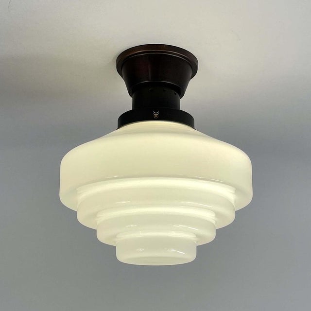 Swedish Opaline Glass & Burnished Copper Flush Mount, 1940s For Sale - Image 3 of 16