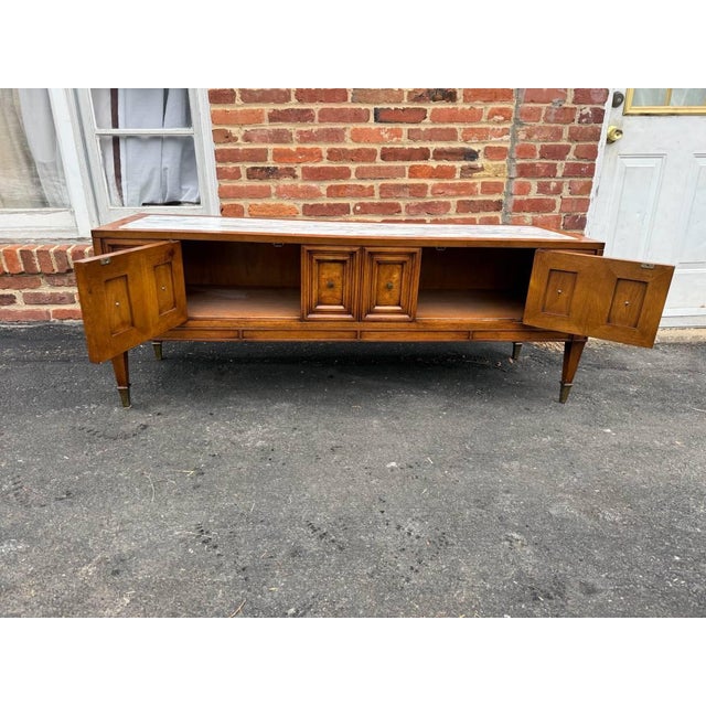 Wood Vintage Hollywood Regency Campaign Style Marble Top Low Table Cabinet by Weiman For Sale - Image 7 of 18
