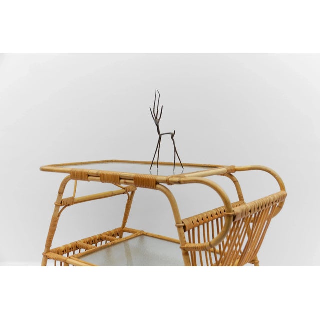 Italian Serving Trolley in Bamboo Rattan and Glass, 1950s For Sale - Image 9 of 17