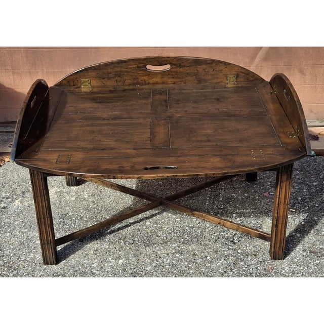 Late 20th Century Distressed Walnut Chippendale Style Butler's Tray Cocktail Table For Sale - Image 10 of 12