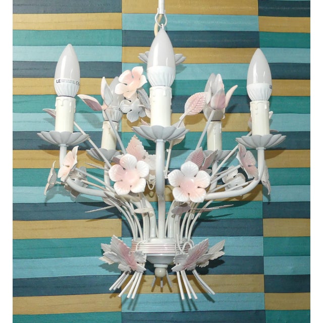 Metal Vintage French Five Candle Chandelier with Pink Flowers by Massive, 1970s For Sale - Image 7 of 11