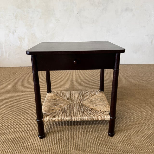 Dark Mahogany Stained Nightstands with Single Drawers & Rush Shelf 24″ W x 20″ D x 26″ H Leg Height 5.75″ Shelf Height 7″...