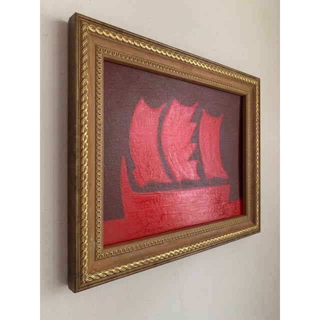 A striking maritime seascape rendered as a bold silhouette in deep red, set against a rich wine-colored background. The...