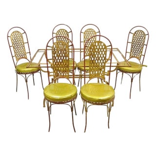 Vintage Italian Hollywood Regency Iron Gold Gilt Lattice Dining Set - 7 Pc Set For Sale