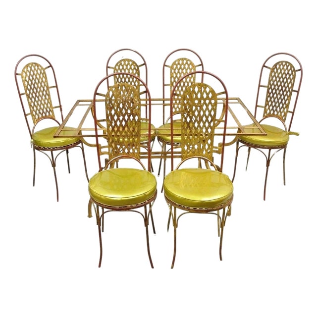 Vintage Italian Hollywood Regency Iron Gold Gilt Lattice Dining Set - 7 Pc Set For Sale