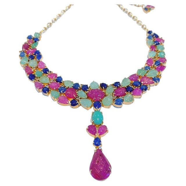 Bochic "Capri" Vintage Ruby, Emerald & Sapphire Necklace - 18K Gold & Silver For Sale - Image 15 of 18