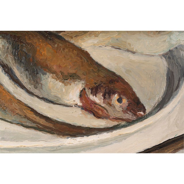 1940s Edouard Arthur, Freshwater Fish on a White Plate, Oil on Canvas For Sale - Image 5 of 11