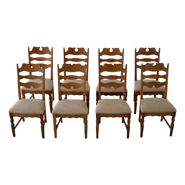 Mid-Century Danish Chairs in Oak & Hessian from Henning Kjærnulf, 1960s, Set of 8 For Sale