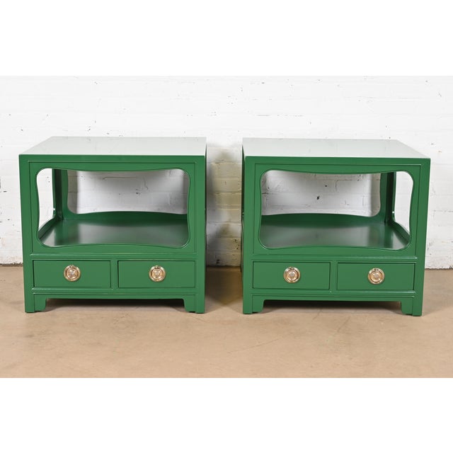 Mid-Century Modern Michael Taylor for Baker Far East Collection Green Lacquered Nightstands or End Tables, Newly Refinished For Sale - Image 3 of 12