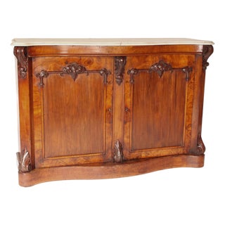 English Victorian Burl Walnut and Walnut Two Door Cabinet With Marble Top For Sale