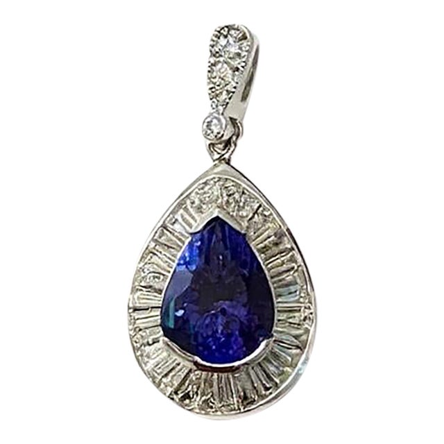 14k White Gold Pear Tanzanite Diamond Halo Pendant, 4.15 Ct Natural Tanzanite For Sale