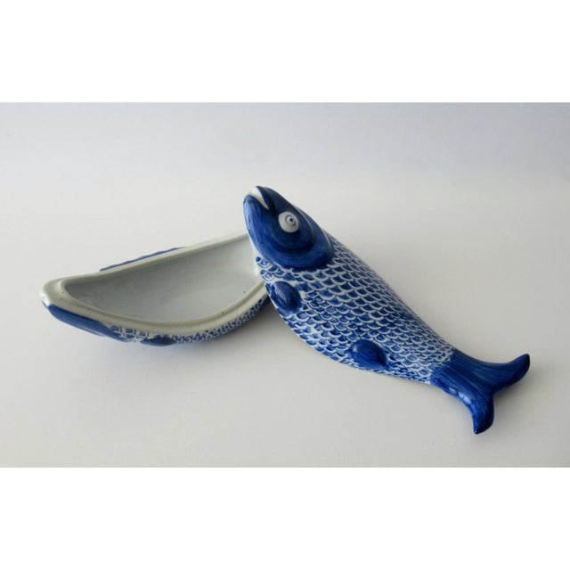 Vintage C.1998 Asian (Seymour Mann) Blue & White Blanc De Chin Koi Fish Lidded Serving Dishes - 3 Sets For Sale - Image 10 of 13