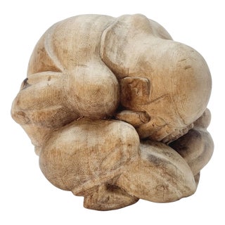 Vintage Wooden Spherical Sculpture of Weeping Buddha, 1960s For Sale