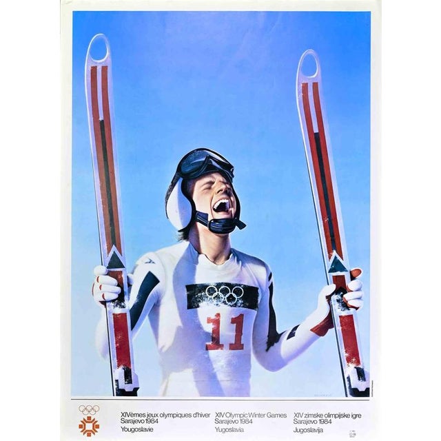 Vintage offset poster realized after Gottfried Helwein in 1983, for the XIV Olympic Winter Games in Sarajevo. This piece...