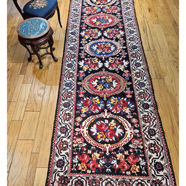 Vintage Persian Bakhtiari Wide Runner, Handwoven Wool, Floral Bouquet Design, Navy & Red, 4x13 For Sale - Image 9 of 17