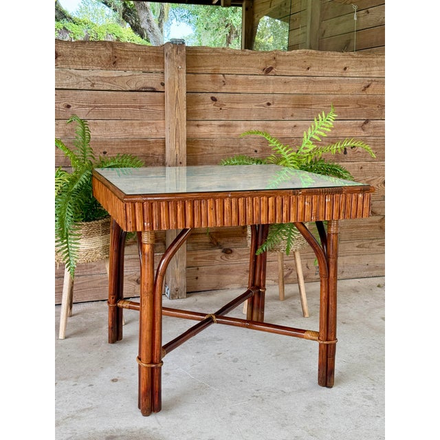 Organic Modern Custom Split Rattan Game Table With Lift-Top, Thibaut Grasscloth, and Ficks Reed Base For Sale - Image 11 of 12