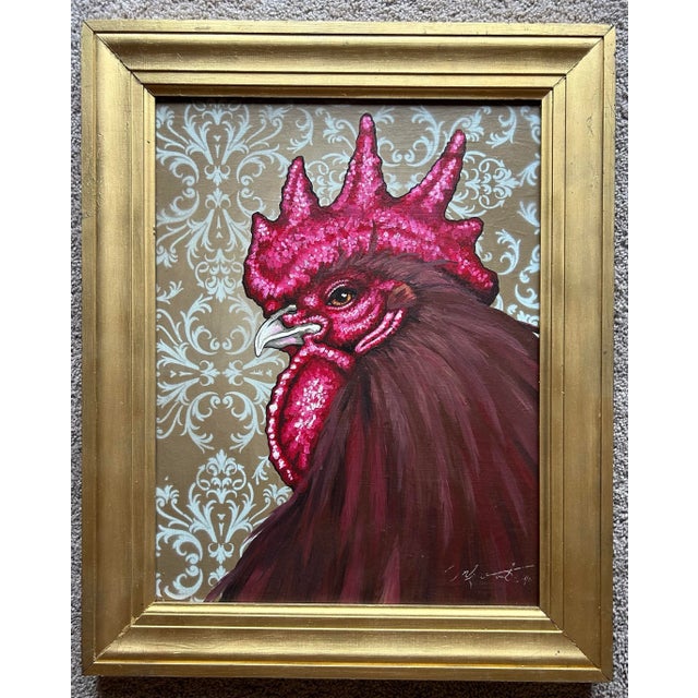 Hollywood Regency Vintage Decorative Oil Painting of Rooster on Canvas For Sale - Image 3 of 6