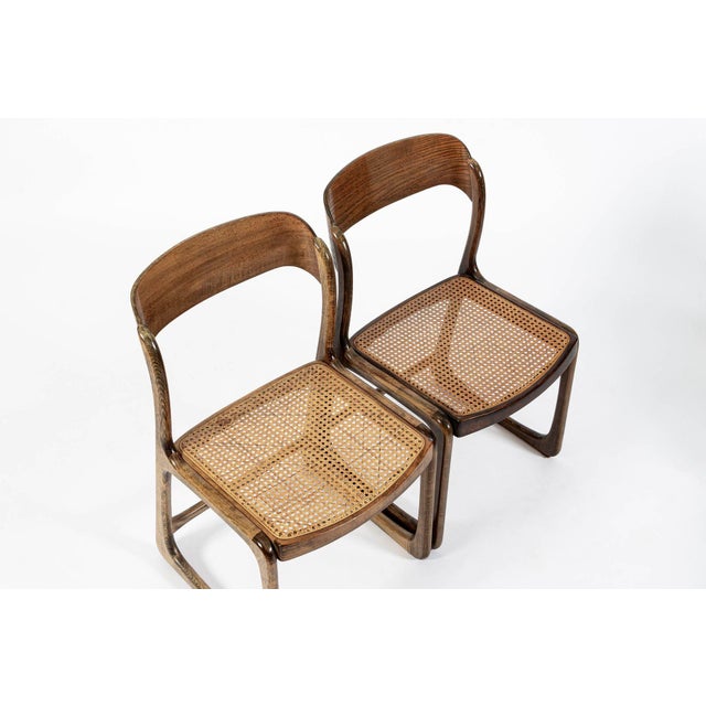 Brown Mid Century Modern French Wood & Cane Wicker Chairs by Baumann For Sale - Image 8 of 13