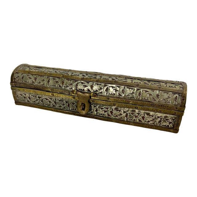 Early 20th Century Small Narrow Dome Top Brass Silver Jewelry Box For Sale