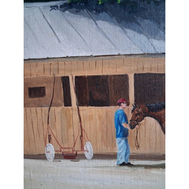 A charming mid-20th-century oil painting on canvas by artist M. MacMillan, signed in the lower right. The realist scene...