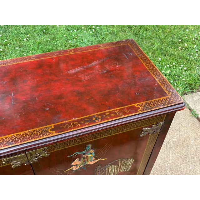Antique Asian Oxblood Red Cabinet With Green Interior For Sale - Image 15 of 18