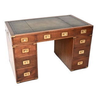 Antique Leather Top Military Campaign Pedestal Desk, 1930 For Sale