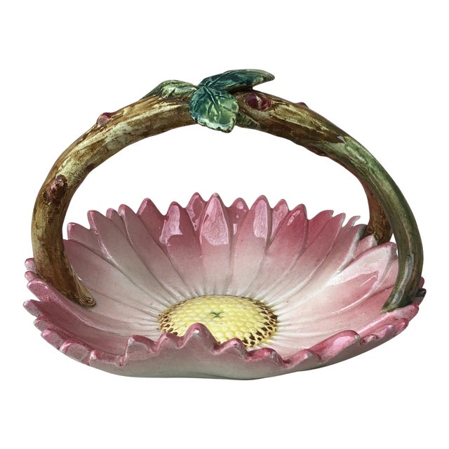 C.1890 Majolica Pink Daisy Basket Delphin Massier For Sale