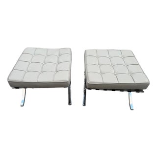 Vintage Barcelona Style Leather Ottomans Pair Chrome X-Frame Bauhaus For Sale