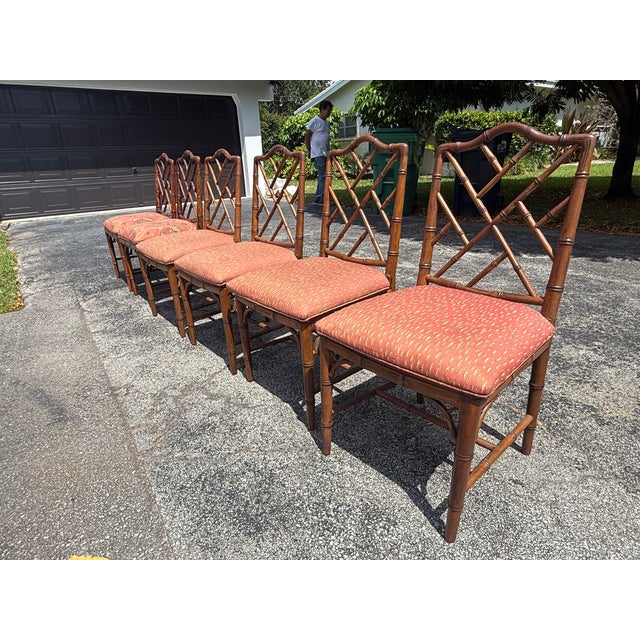 Brown Vintage Chinese Chippendale Faux Bamboo Wooden Dining Chairs Set of 6 For Sale - Image 8 of 9