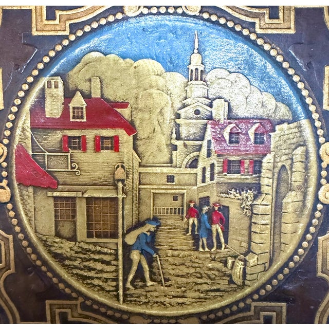 Antique Framed Embossed Colonial Philadelphia Village Scene Leather Panel For Sale In Atlanta - Image 6 of 14