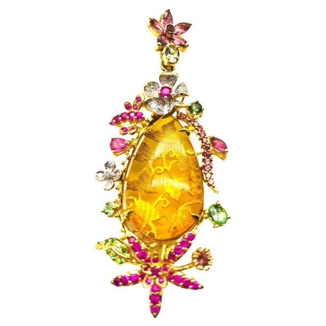 Bochic "Orient" Vintage Amber, Ruby & Emerald Brooch Set In 18K Gold & Silver For Sale - Image 15 of 18