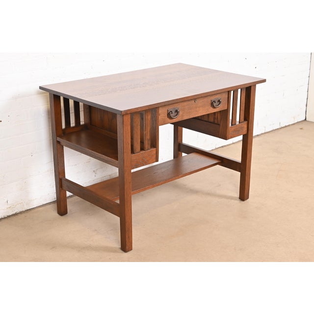 Stickley Gustav Stickley Antique Mission Oak Arts & Crafts Desk With Built-in Bookcases, Newly Refinished For Sale - Image 4 of 12