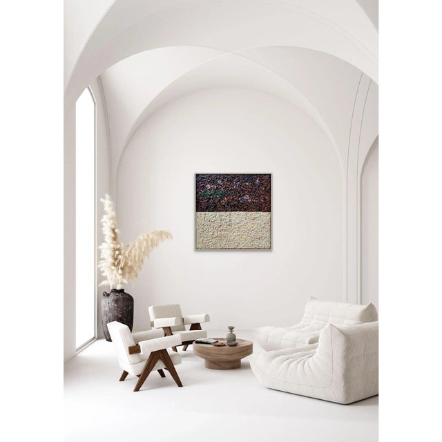 High-End Framed 'Black and White/Cream over Orange, Green, Yellow and Purple' - Minimalist square painting by Diane Grant....