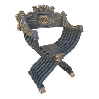 Vintage Black Gold Savonarola Carved Wood Renaissance Style Decorative Side Chair For Sale