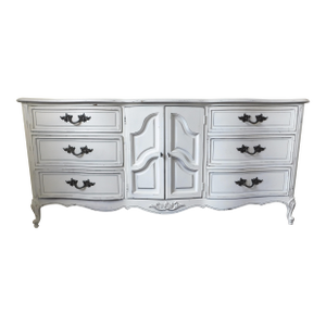 Vintage Mid Century French Provincial Dixie Furniture White Distressed Triple Dresser