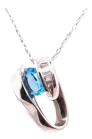 14 Karat White Gold Link With Oval Blue Topaz and Baguette Diamonds