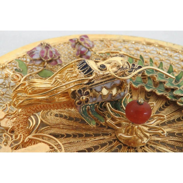 Mid 20th Century Chinese Gold Filigree Gilt Enamel Dragon Phoenix 3d Decorative Plate For Sale - Image 5 of 12
