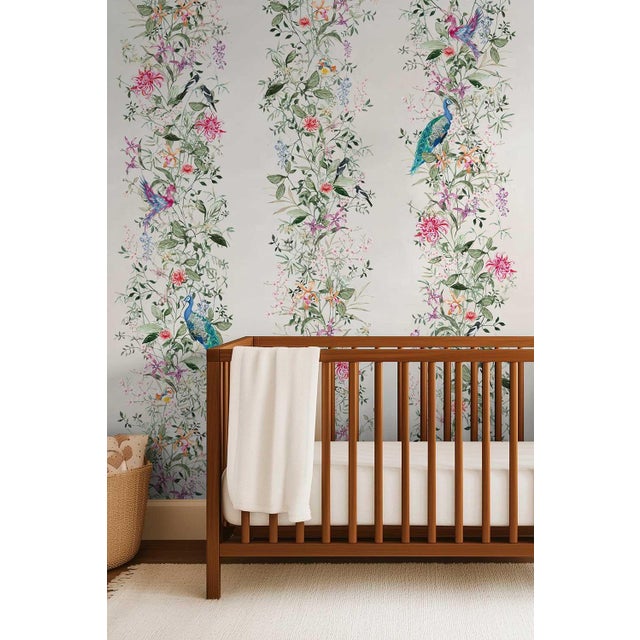 Mahjong Floral Stripe Grasscloth Wallpaper by House Party | Soap White | 8 Yards For Sale - Image 4 of 8