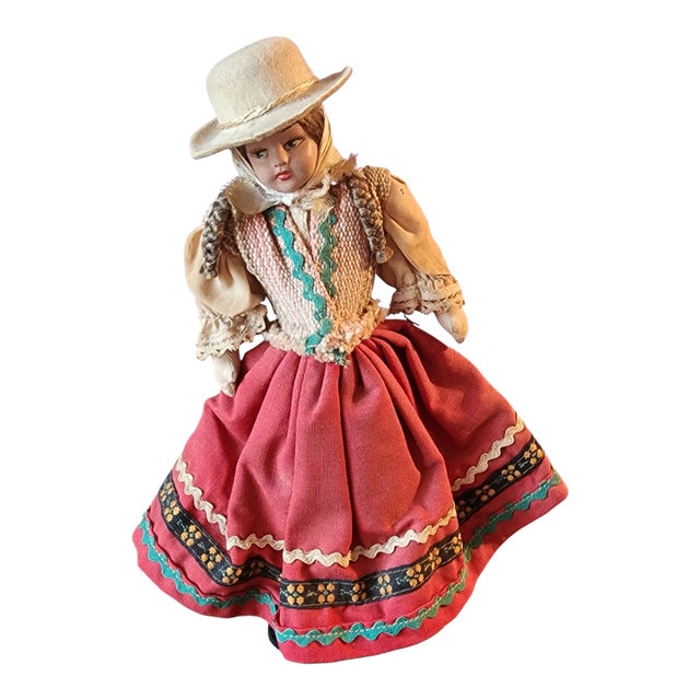 Antique Vintage Female Gaucho Cloth & Wire Hand-Made Doll, South American, 1940s For Sale