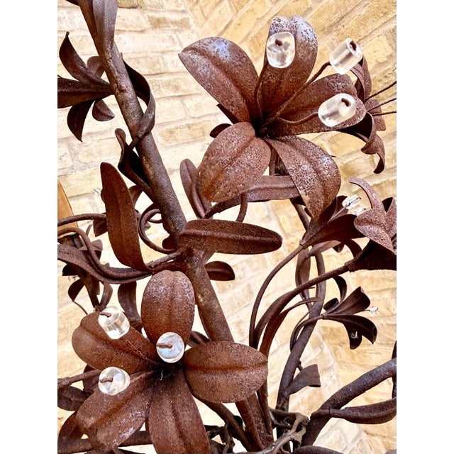 Metal Vintage Italian Tôle Chandelier With Rustic Metal Leaves and Floral Motifs Accented With Crystals, 6 Lights For Sale - Image 7 of 12