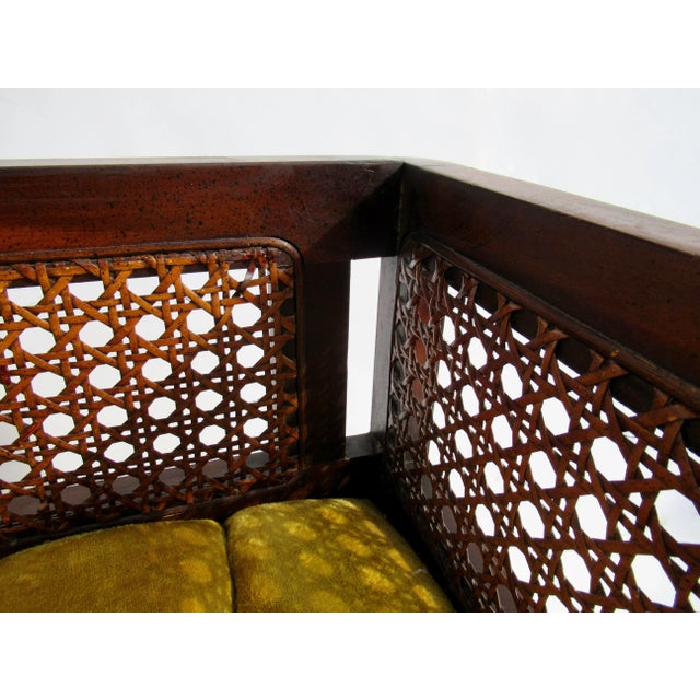 C.1970's Crushed Velvet Velour Button-Tufted Upholstered Caned Wood Bench With Bolster Pillows For Sale - Image 15 of 18