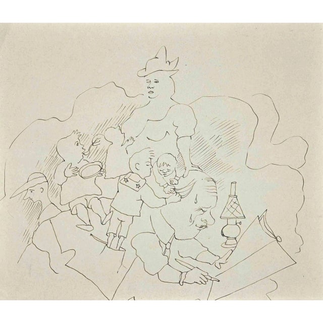 Mino Maccari, The Parenthood, Original Drawing, Mid-20th-Century For Sale