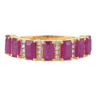 2.89 Carat Ruby & Diamond Band Ring in 14k Yellow Gold Stackable Design Size 4 For Sale